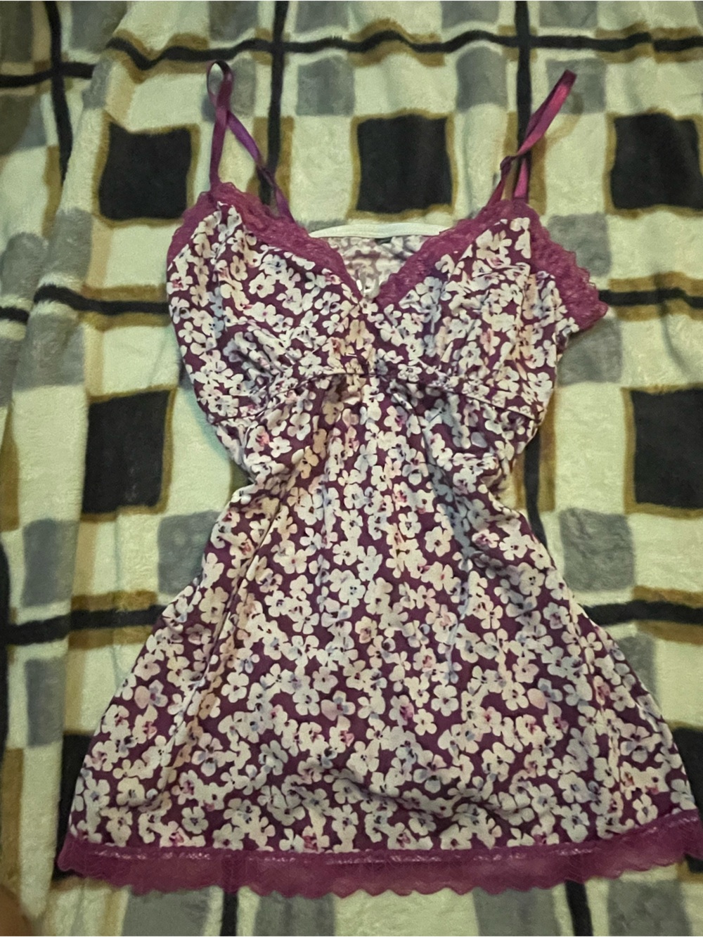 Purple Floral Lace-Trim Sleep Chemise with Adjustable Straps
